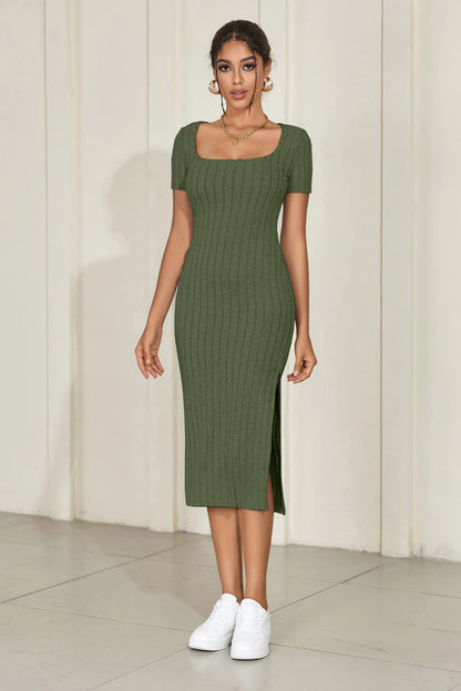 Summer square neck, hip-hugging mid-length skirt, short-sleeved, versatile knitted slit dress