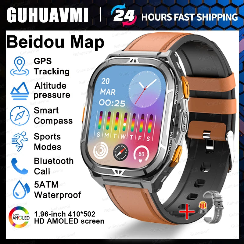 New GUHUAVMI TANK X5 SmartWatch MIL-STD-810H Rugged IP69K 5ATM L1+L5 GPS 1.96" AMOLED Compass OutdoorSport Watch for Android iOS