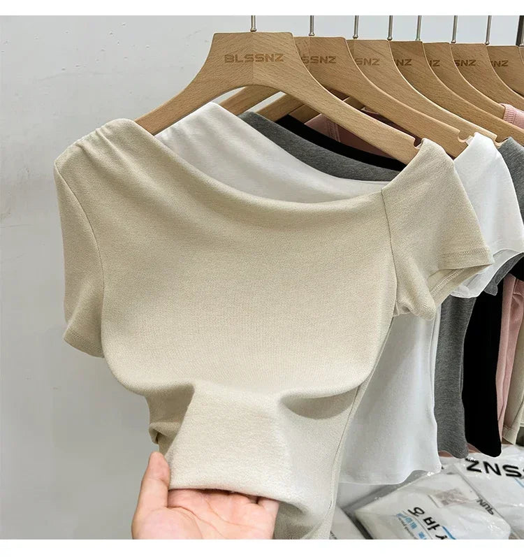 Womens Long Sleeve Off Shoulder T Shirts 2026 Tight Knit Sexy Slim Fitted Casual Women&