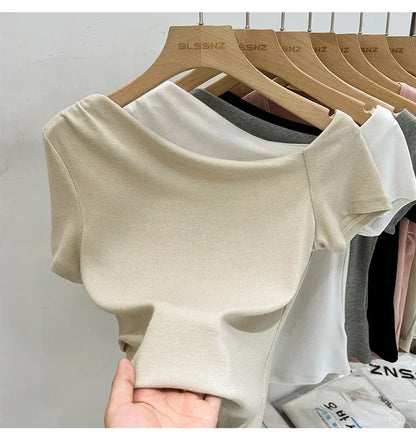 Womens Long Sleeve Off Shoulder T Shirts 2026 Tight Knit Sexy Slim Fitted Casual Women&