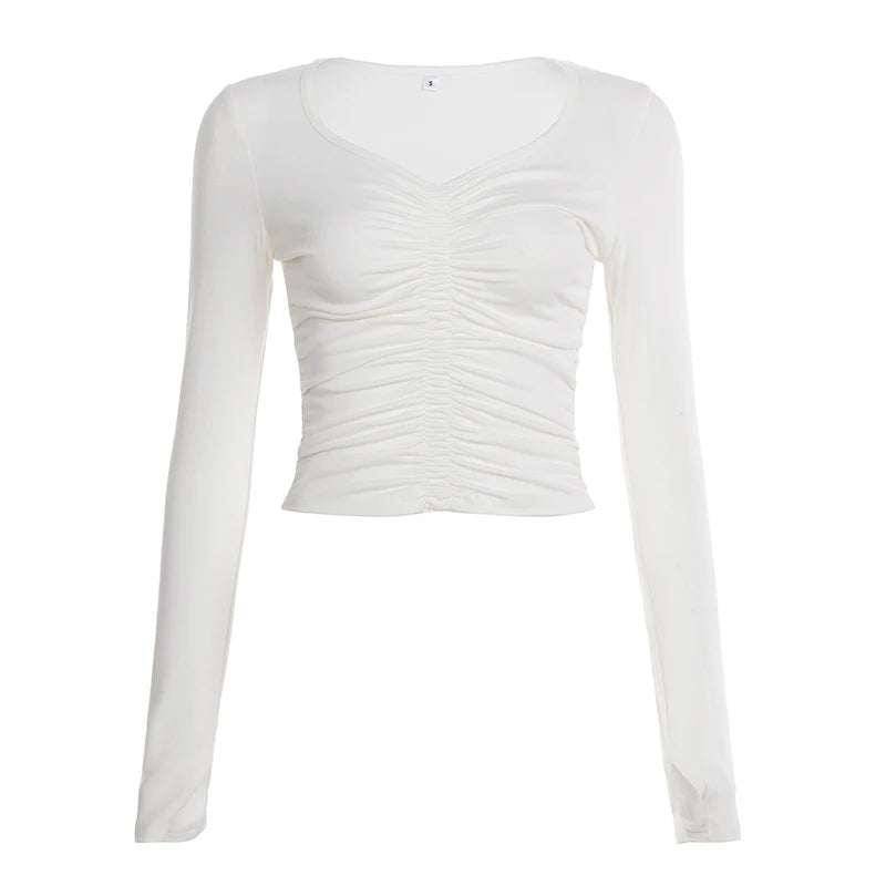 SUCHCUTE White Casual V Neck Pleated T Shirts For Women Long Sleeve Tees Y2k Streetwear Crop Tops Elegant Basic Clothing Autumn