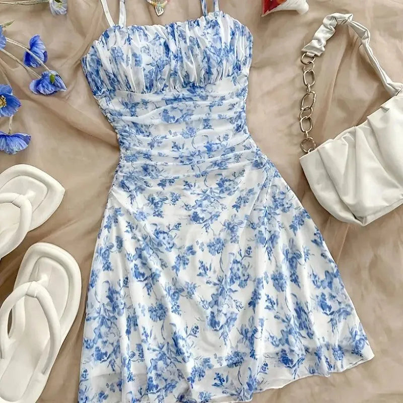 Summer Women Elegant Floral Mini Dress Fashion Fold High Waisted Slim A-Line Dresses Lady Sexy Backless Spaghetti Strap Sundress