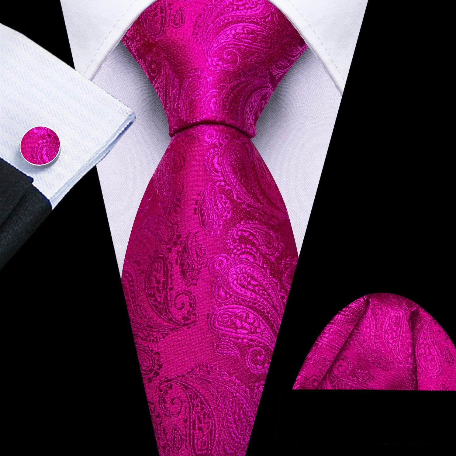 Barry.Wang Jacquard Watermelon &amp; Peach Pink Men Tie With Pocket Square Cufflinks Set Exquisiet Necktie For Male Wedding Business