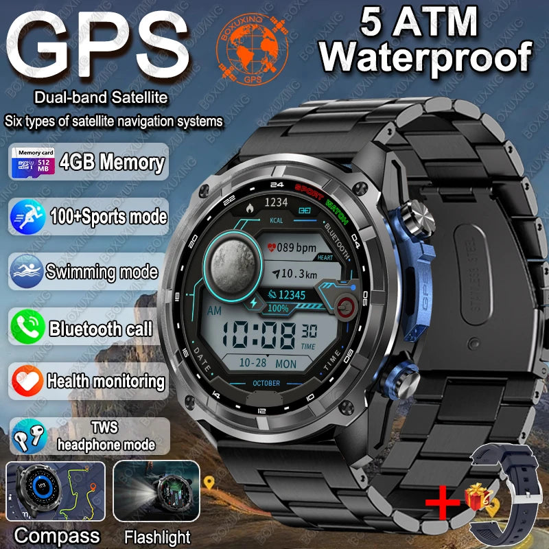 2025 New Military GPS Smart Watch Men Offline Map Compass 5ATM Waterproof 4GB Memory 860 mAh Swimming Sapphire Screen Smartwatch