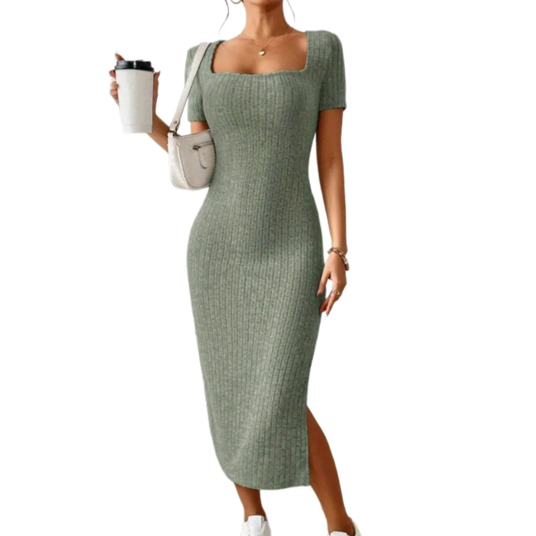 Summer Dresses For Women 2026 Summer Ribbed Short Sleeve Bodycon Maxi Dress Side Slit Knit Square Neck Long Robe Vestidos