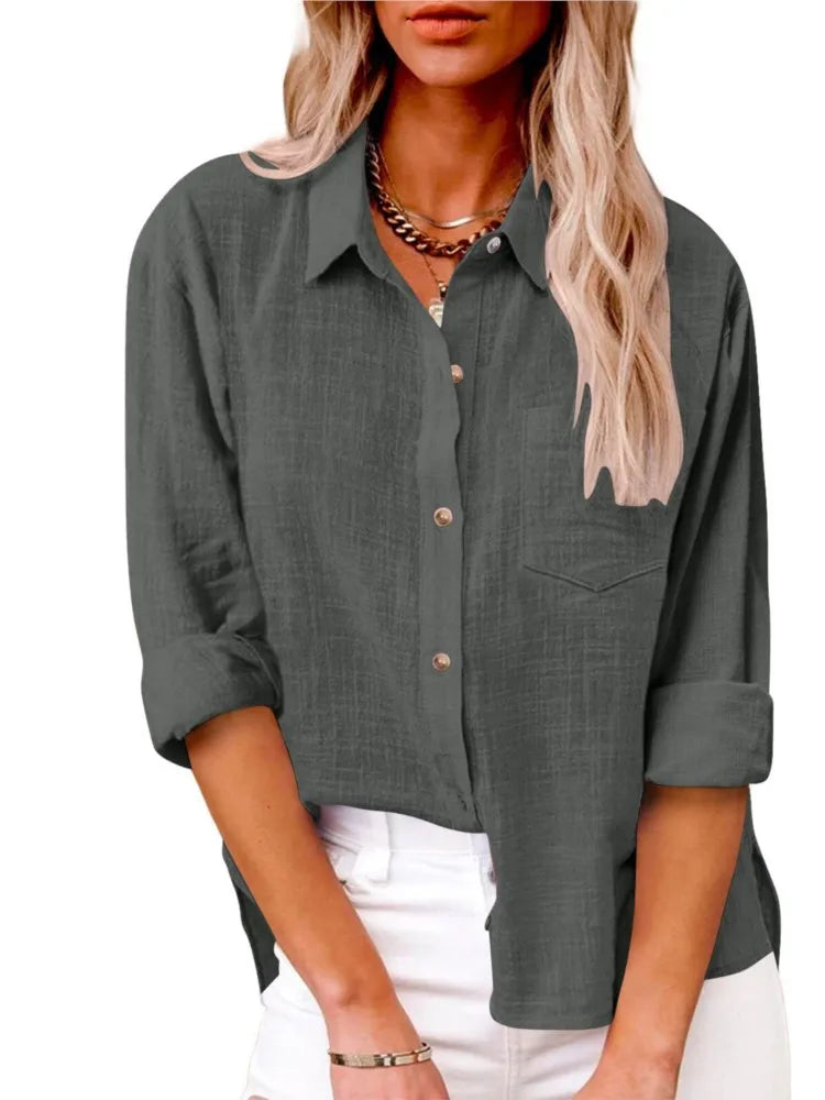 Women Casual Loose Solid Shirt Spring Summer Fashion Elegant Long Sleeve Button Office Holiday Top Shirts Blouses Women Casual