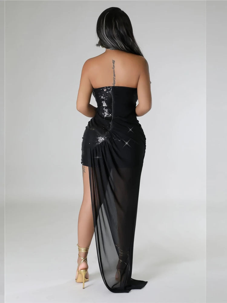 HBLL Womens Chiffon Patchwork Sequins Long Maxi Dress Glam Sleeveless Ruched Carpet Party Dress Celebrities Outfits Clubwear