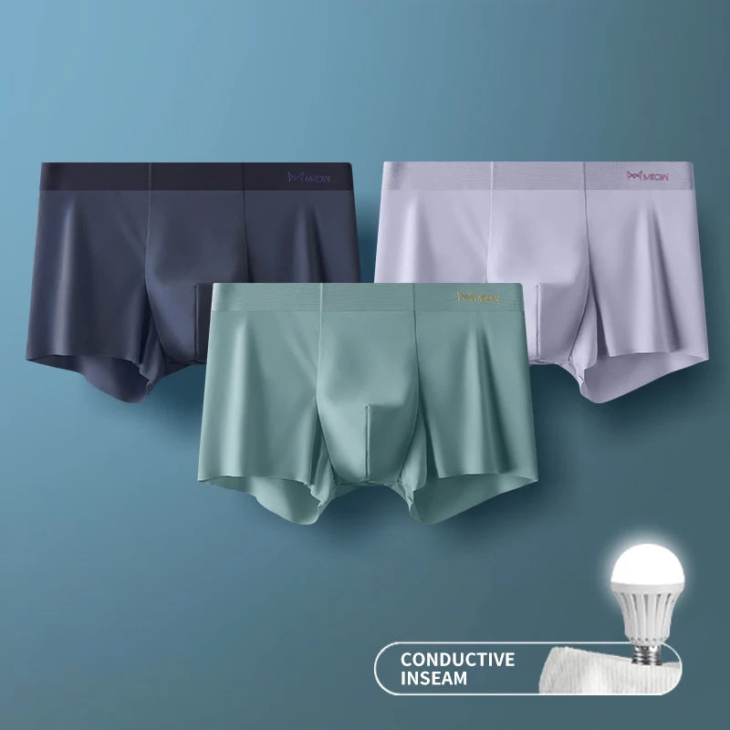 MIIOW 3Pcs Ice Silk Man Underwear Boxer Metal Fiber Antistatic Men Underpants Seamless Cut Hem Men&