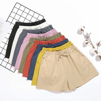 Women Summer Cotton Shorts Casual Solid Pockets Basic Shorts Elastic Waist loose shorts Soft Cool female Outwear Shorts