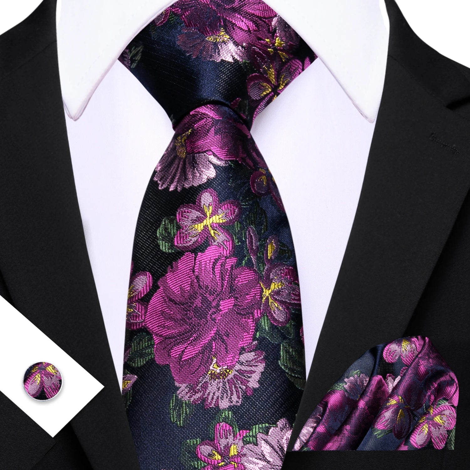 Barry.Wang Jacquard Watermelon &amp; Peach Pink Men Tie With Pocket Square Cufflinks Set Exquisiet Necktie For Male Wedding Business