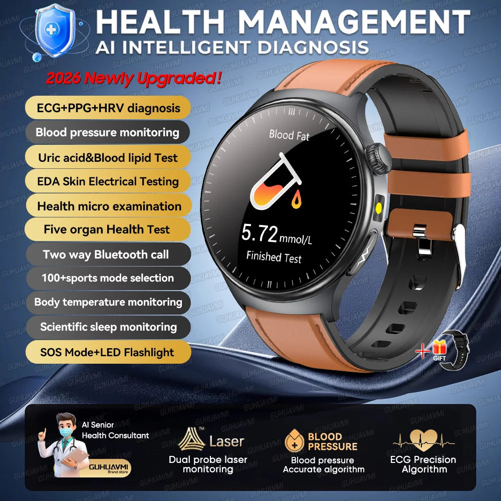 2026 New Micro Physical Examination Health SmartWatch Men ECG Uric Acid Lipids Blood Pressure BT Call Smartwatch For Android IOS