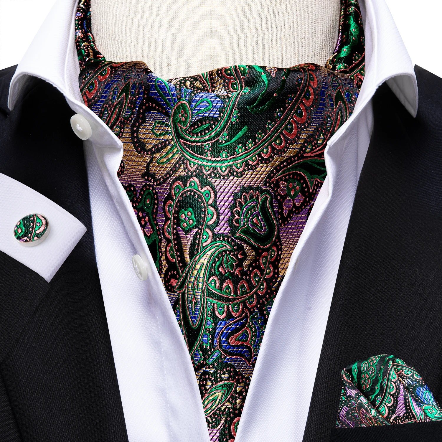 Hi-Tie Silk Mens Ascot Hanky Cufflinks Set Black Yellow White Paisley Cravat Tie Vest Dress Ascots Self Vintage Jacquard Woven