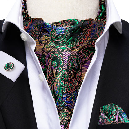 Hi-Tie Silk Mens Ascot Hanky Cufflinks Set Black Yellow White Paisley Cravat Tie Vest Dress Ascots Self Vintage Jacquard Woven