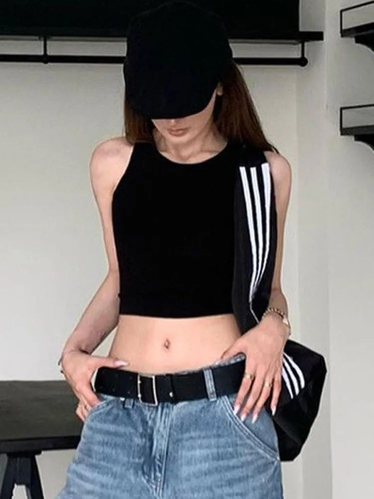 Y2K Backless Crop Top for Women Sleeveless Sexy Cute Black Vest Tank Top Summer Fashion Cropped Vest 2000s Style Female Clothing