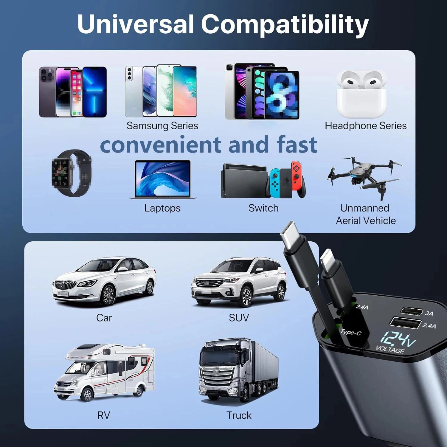 W&amp;O 4-in-1 Vehicle Charger, 120 Watt Fast Charging, Retractable Cable, 2 USB Ports, Compatible with All Vehicles iOS &amp; TYPE-C