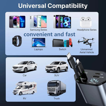 W&amp;O 4-in-1 Vehicle Charger, 120 Watt Fast Charging, Retractable Cable, 2 USB Ports, Compatible with All Vehicles iOS &amp; TYPE-C