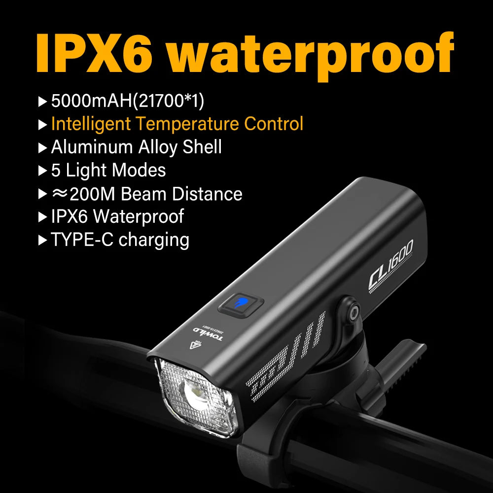 TOWILD CL1600LM Bicycle Light 5000mAh Bike Light IPX6 Flashlight Aluminum Front Lamp Type-C Charging MTB Road Cycling Headlights