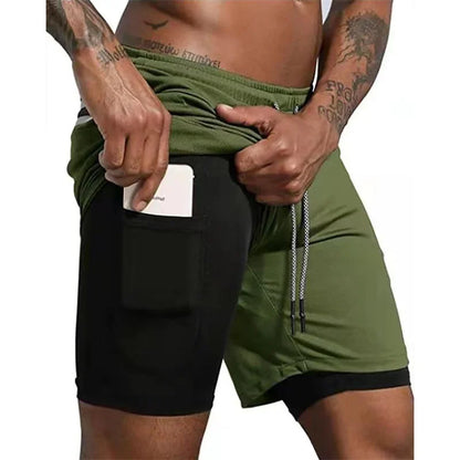 Men Fitness Built-in pocket sports Shorts Summer 2 In 1 Quick Dry Gym Beach shorts Running Double-deck Shorts mesh sweatpants
