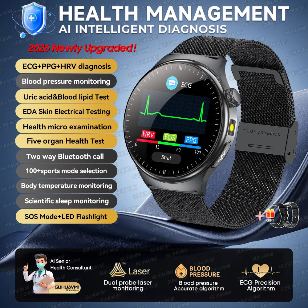 2026 New Micro Physical Examination Health SmartWatch Men ECG Uric Acid Lipids Blood Pressure BT Call Smartwatch For Android IOS
