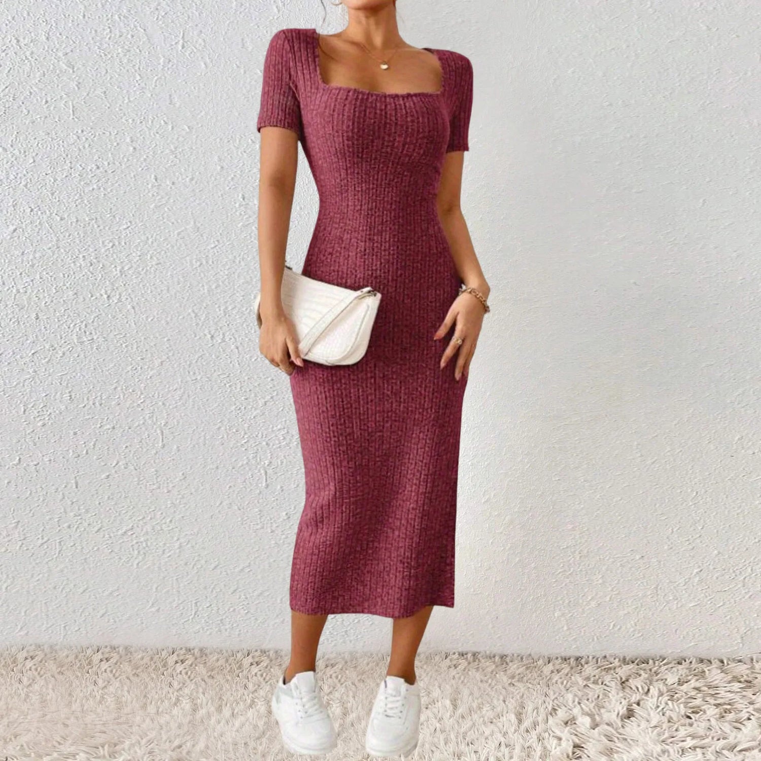Summer Dresses For Women 2026 Summer Ribbed Short Sleeve Bodycon Maxi Dress Side Slit Knit Square Neck Long Robe Vestidos