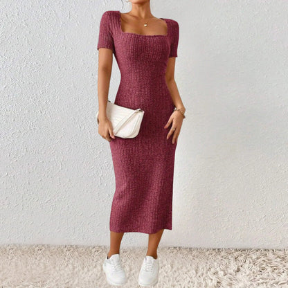 Summer Dresses For Women 2026 Summer Ribbed Short Sleeve Bodycon Maxi Dress Side Slit Knit Square Neck Long Robe Vestidos