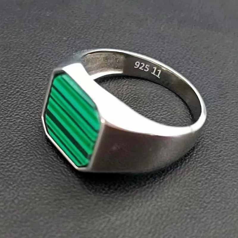 BOCAI  S925 Silver Jewelry Inlaid With Natural Malachite Stone Square Men&