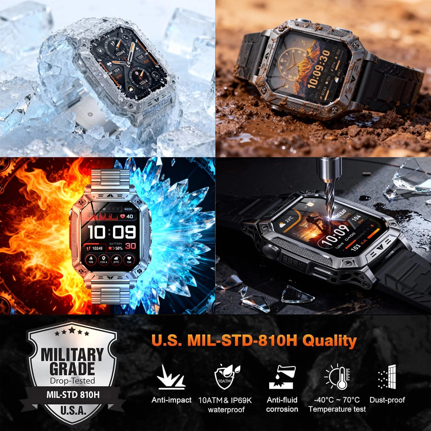New Rugged Military Smart Watch Men 1400 mAh battery 2.01inch AMOLED Bluetooth Call 10ATM Waterproof LED flashlight Smart watch