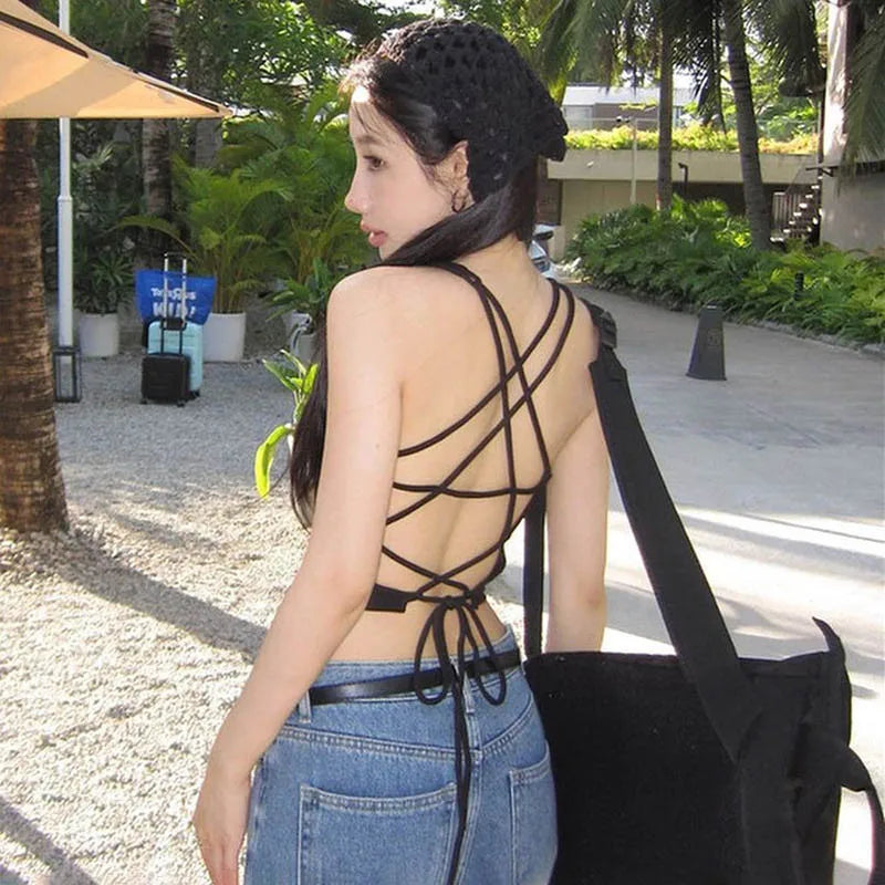 Y2K Backless Crop Top for Women Sleeveless Sexy Cute Black Vest Tank Top Summer Fashion Cropped Vest 2000s Style Female Clothing
