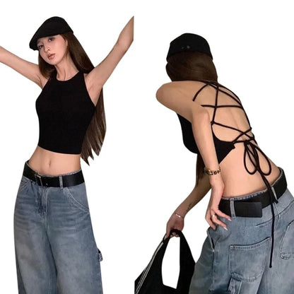 Y2K Backless Crop Top for Women Sleeveless Sexy Cute Black Vest Tank Top Summer Fashion Cropped Vest 2000s Style Female Clothing
