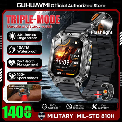 New Rugged Military Smart Watch Men 1400 mAh battery 2.01inch AMOLED Bluetooth Call 10ATM Waterproof LED flashlight Smart watch