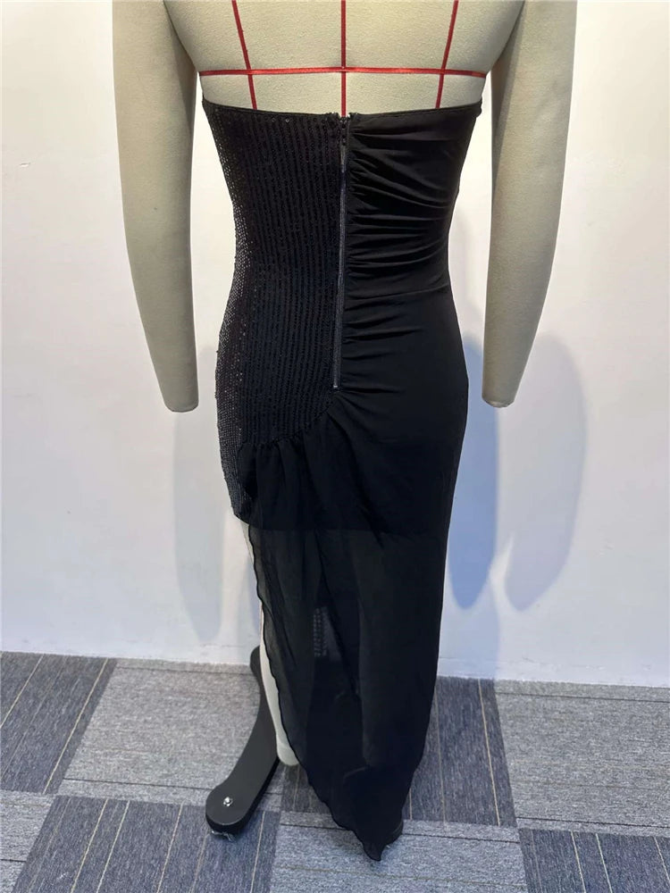HBLL Womens Chiffon Patchwork Sequins Long Maxi Dress Glam Sleeveless Ruched Carpet Party Dress Celebrities Outfits Clubwear