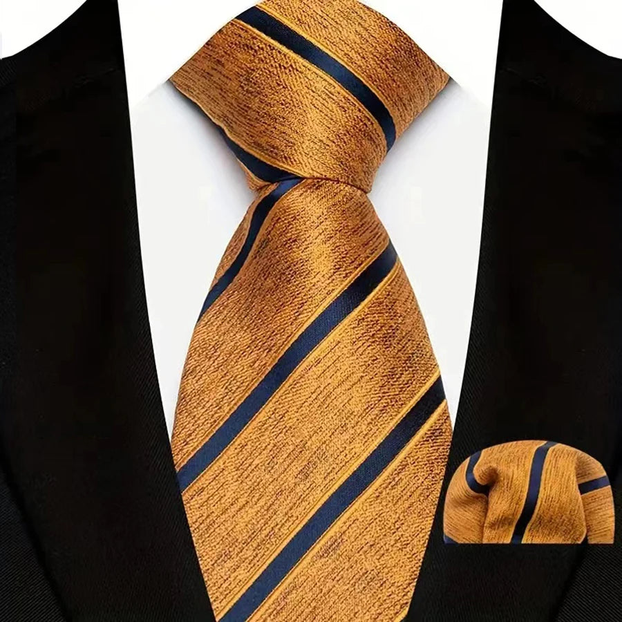 Mens 8cm Tie Set Orange Brown Floral Stripes Wedding Tie Hadkerchief Set For Men Fashion Design Quality Hanky Necktie Set
