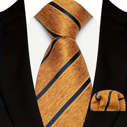 Mens 8cm Tie Set Orange Brown Floral Stripes Wedding Tie Hadkerchief Set For Men Fashion Design Quality Hanky Necktie Set