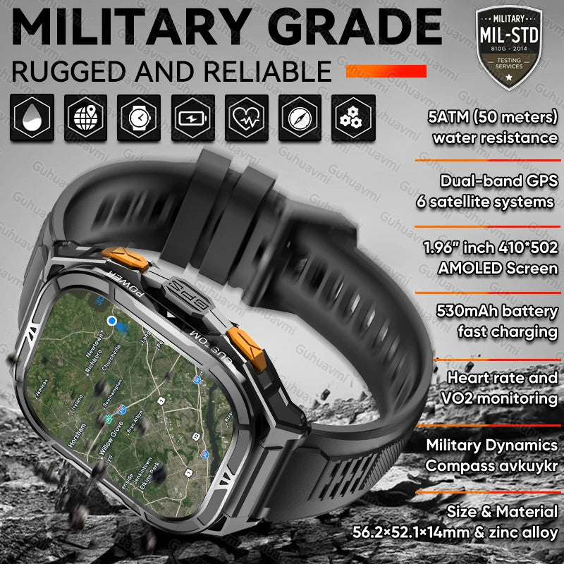 New GUHUAVMI TANK X5 SmartWatch MIL-STD-810H Rugged IP69K 5ATM L1+L5 GPS 1.96" AMOLED Compass OutdoorSport Watch for Android iOS