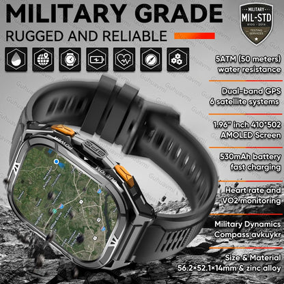 New GUHUAVMI TANK X5 SmartWatch MIL-STD-810H Rugged IP69K 5ATM L1+L5 GPS 1.96" AMOLED Compass OutdoorSport Watch for Android iOS