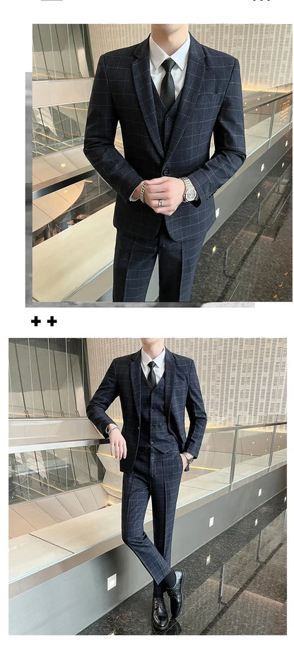 Suits  (blazer+ Vest + Pants) Men Fashion Business Casual Hosts Slim-fit Gentleman Wedding Work  Mens Suits 3 Piece M-5XL