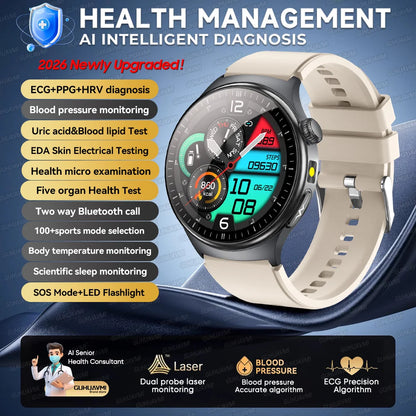 2026 New Micro Physical Examination Health SmartWatch Men ECG Uric Acid Lipids Blood Pressure BT Call Smartwatch For Android IOS