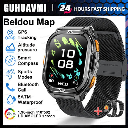 New GUHUAVMI TANK X5 SmartWatch MIL-STD-810H Rugged IP69K 5ATM L1+L5 GPS 1.96" AMOLED Compass OutdoorSport Watch for Android iOS