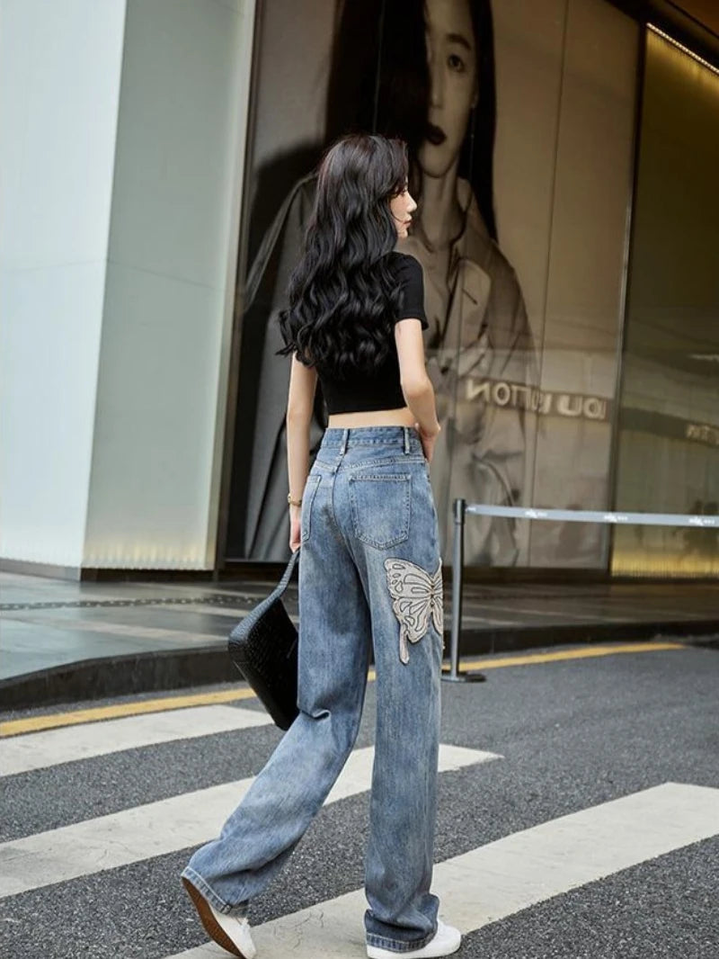 Womens Jeans High Waist Shot Denim Pants for Women Graphic Straight Leg Butterfly Trousers with Print Pattern Basics Z on Sale A