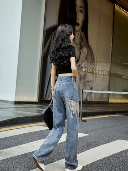 Womens Jeans High Waist Shot Denim Pants for Women Graphic Straight Leg Butterfly Trousers with Print Pattern Basics Z on Sale A