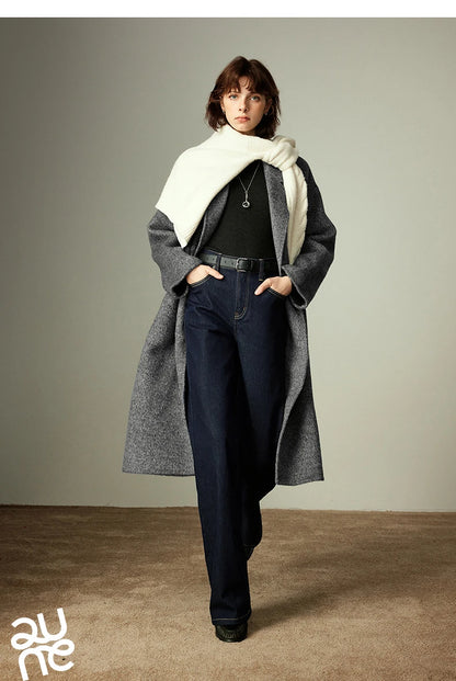 TOYOUTH Women Jeans 2025 Winter New Wool-Blend Elastic Retro Original Color Mid-Low Waist Wide-Leg Trousers