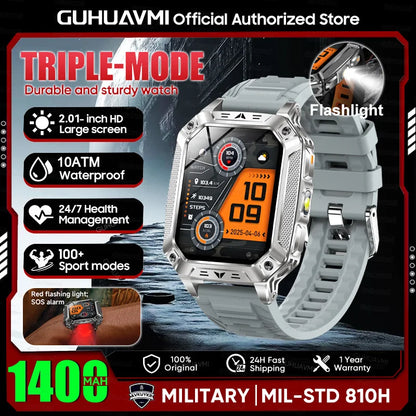 New Rugged Military Smart Watch Men 1400 mAh battery 2.01inch AMOLED Bluetooth Call 10ATM Waterproof LED flashlight Smart watch