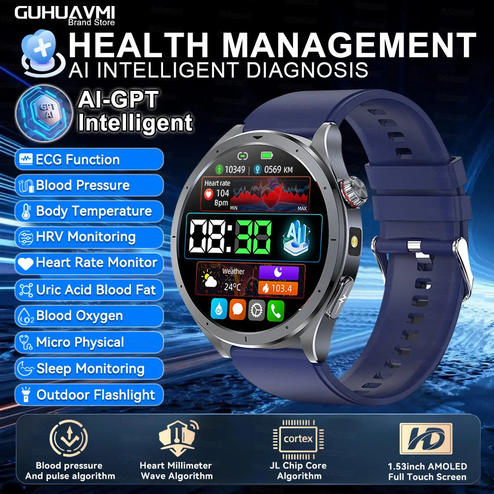 2025 New AI Health Diagnosis Smart Watch Body Analysis Uric Acid Blood lipids ECG+PPG Clock Blood pressure Smartwatch Men Women
