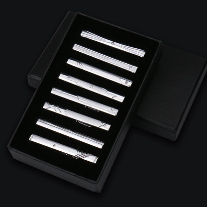 8pcs Tie Clips Metal Diamond With Box For Men Wedding Mens Necktie Clips Set Chrome Stainless Steel Jewelry Gentleman Ties Pin