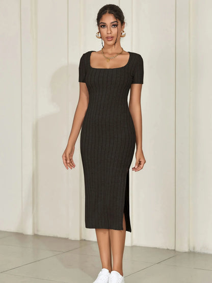 Summer square neck, hip-hugging mid-length skirt, short-sleeved, versatile knitted slit dress