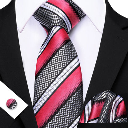 Barry.Wang Jacquard Watermelon &amp; Peach Pink Men Tie With Pocket Square Cufflinks Set Exquisiet Necktie For Male Wedding Business