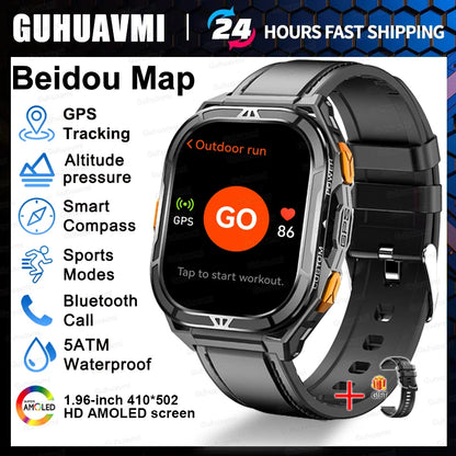 New GUHUAVMI TANK X5 SmartWatch MIL-STD-810H Rugged IP69K 5ATM L1+L5 GPS 1.96" AMOLED Compass OutdoorSport Watch for Android iOS