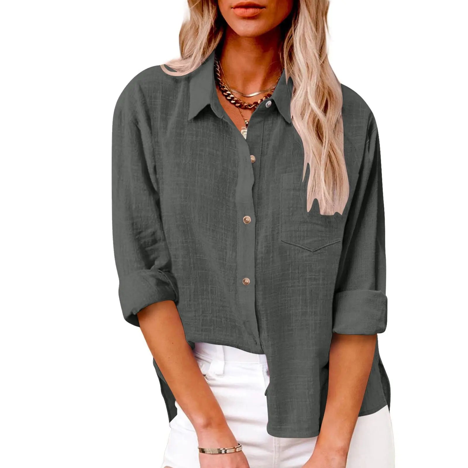Women Casual Loose Solid Shirt Spring Summer Fashion Elegant Long Sleeve Button Office Holiday Top Shirts Blouses Women Casual