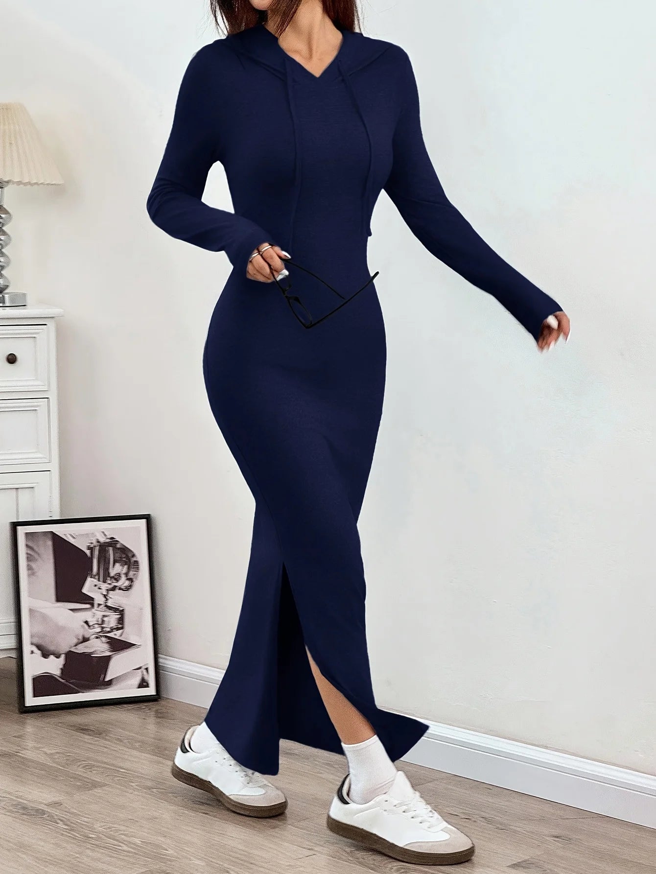 Spring and Autumn New Hooded Long Cross Knee Casual Fashion Dress