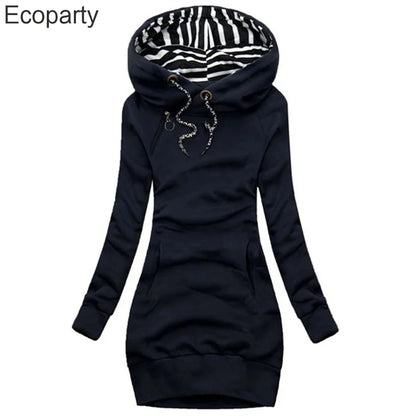 Hoodie Dress Casual Solid Colour Long Sleeve Drawstring Hoodie Dress Slim Hooded Pullover Sweatshirt Dress